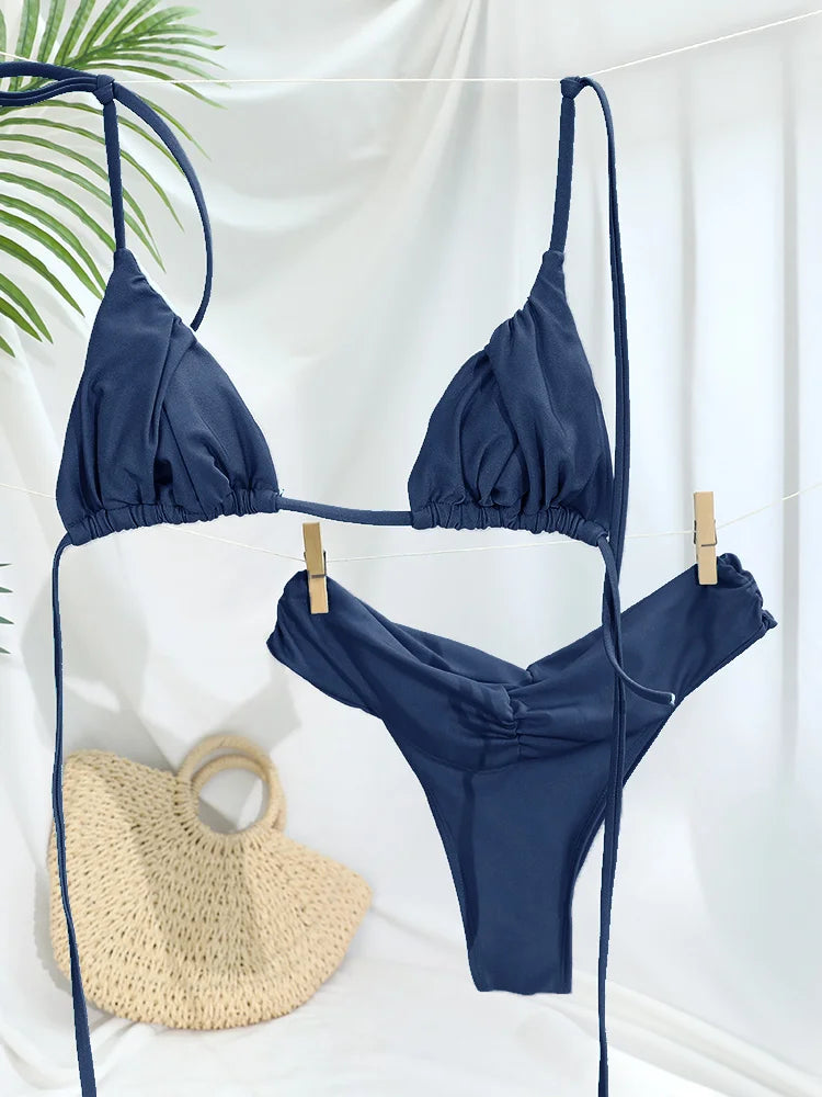 Set Bikini Sexy con Pieghe, Micro Bikini Tinta Unita, Costume da Bagno Femminile a Triangolo, Abbigliamento da Spiaggia