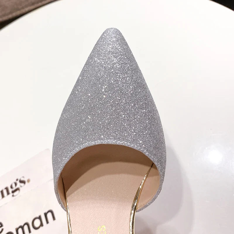 Bling Gold Silver Women Pumps 2023 Sexy Point Toe Thin Heel Party Wedding Shoes Womens Summer Ankle Strap 8cm High Heels Shoes