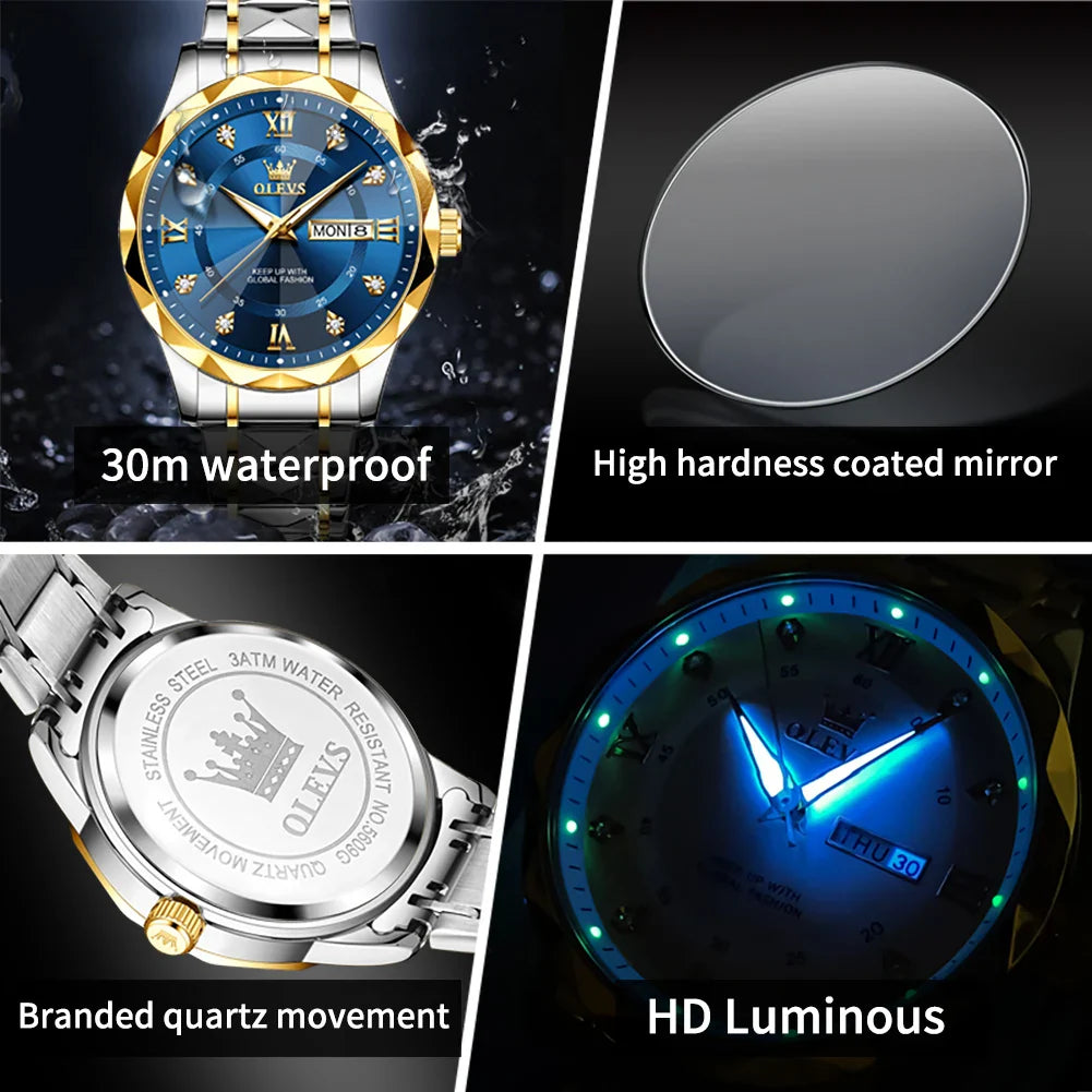 OLEVS Orologio da uomo al quarzo originale Orologio da uomo di lusso con calendario aziendale alla moda in acciaio inossidabile Orologio da specchio a forma impermeabile
