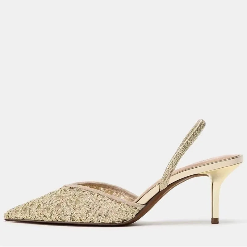 Gold Mesh Embroidered Floral Design Mules Sandals Women Sexy Pointed-Toe Back Strap High Heels for Ladies Elegant Party Shoes
