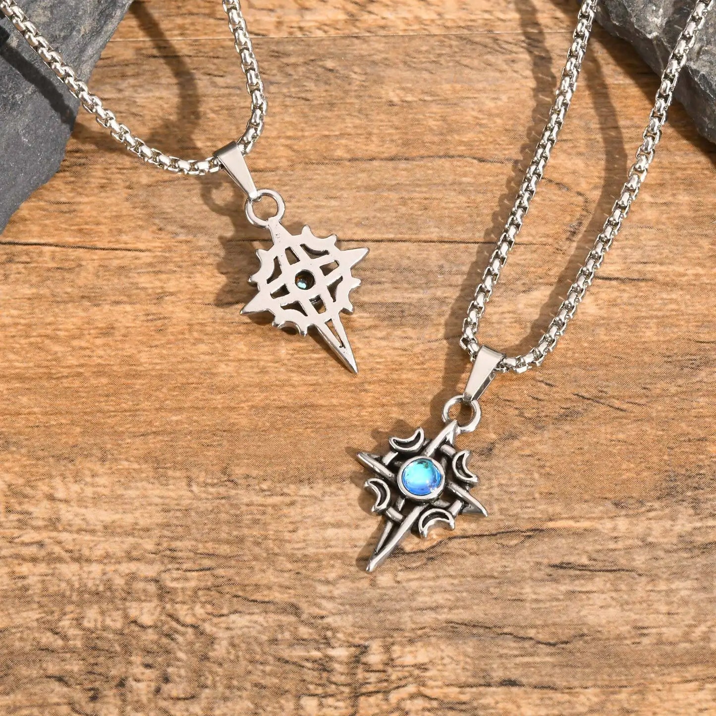 Vnox Witches Knot Moon Star Collane con ciondolo Orecchini per uomo Donna, set di gioielli con collare in pietra di luna con nodo celtico in acciaio inossidabile