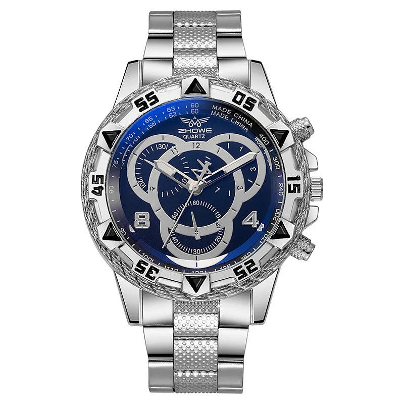 Orologio al quarzo da uomo di lusso Orologio da polso da uomo d'affari classico Quadrante grande Striscia di acciaio legato Orologio al quarzo da uomo a tre occhi con luce blu