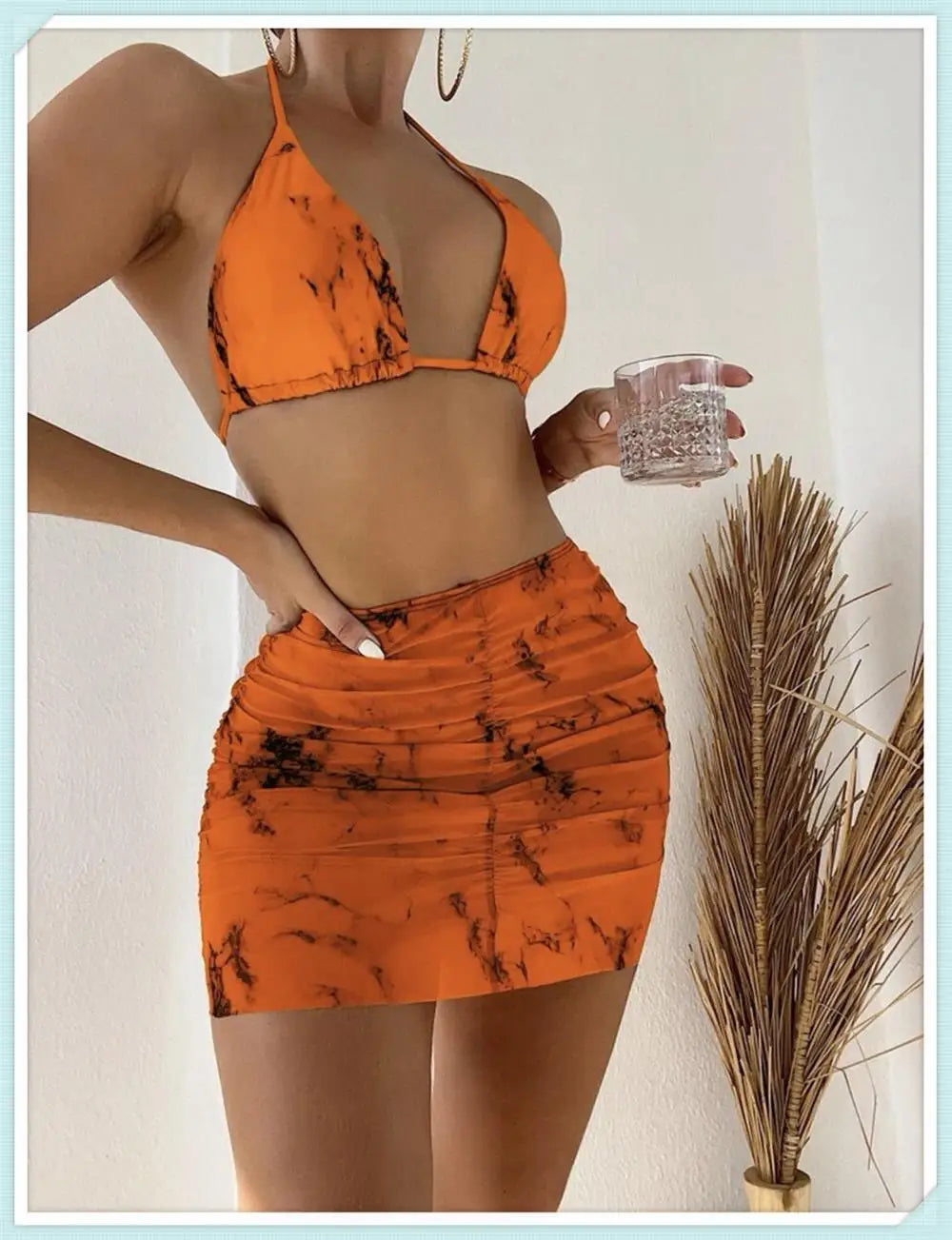 3 pezzi perizoma Bikini con gonna marmo texture costume da bagno donna costume da bagno Set costumi da bagno femminili abbigliamento da spiaggia nuoto estate