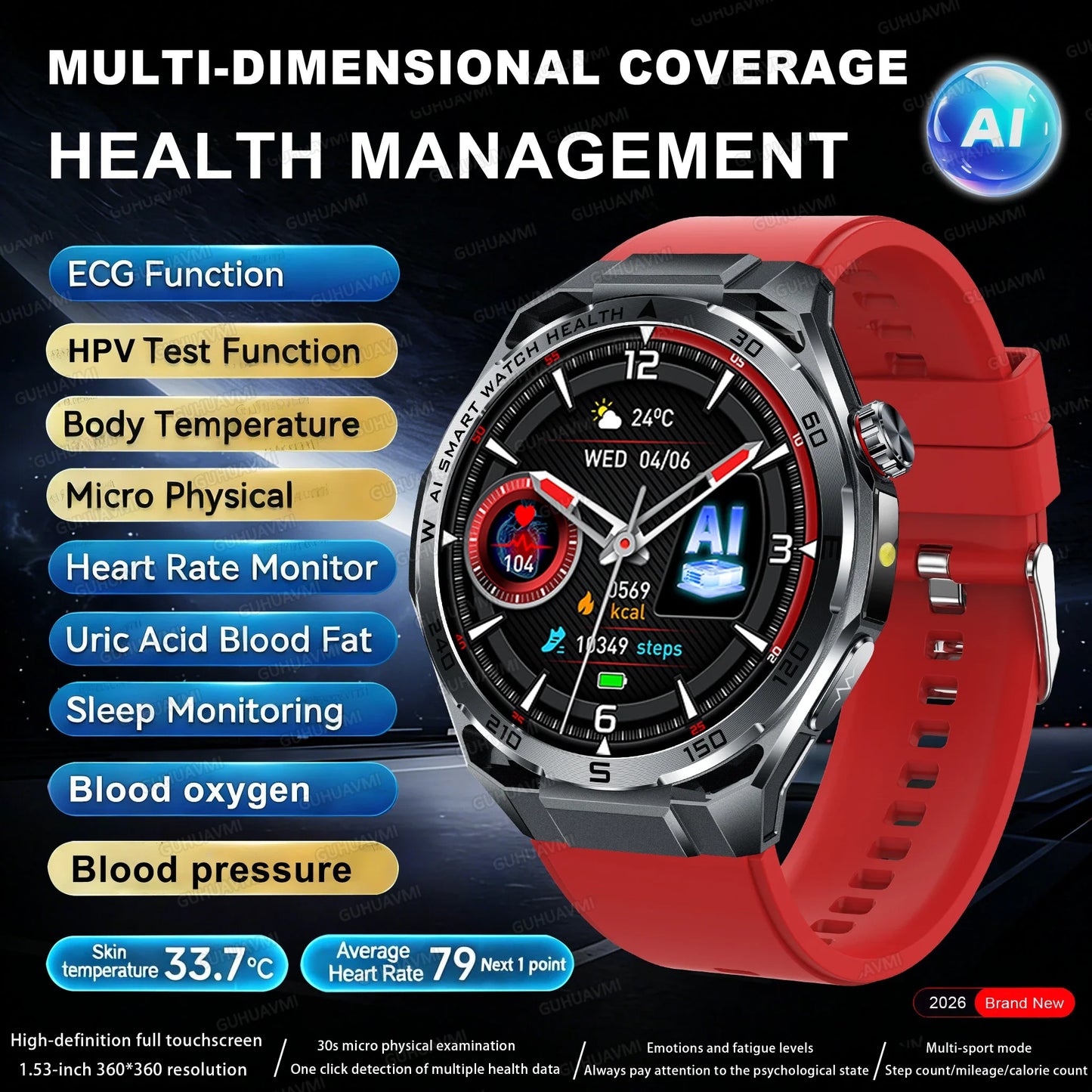 Nuovo Smartwatch 2026 con Analisi AI del Grasso Corporeo, ECG+PPG, Acido Urico, Pressione Sanguigna, Ossigeno nel Sangue, Chiamate, Schermo AMOLED per Uomini e Donne