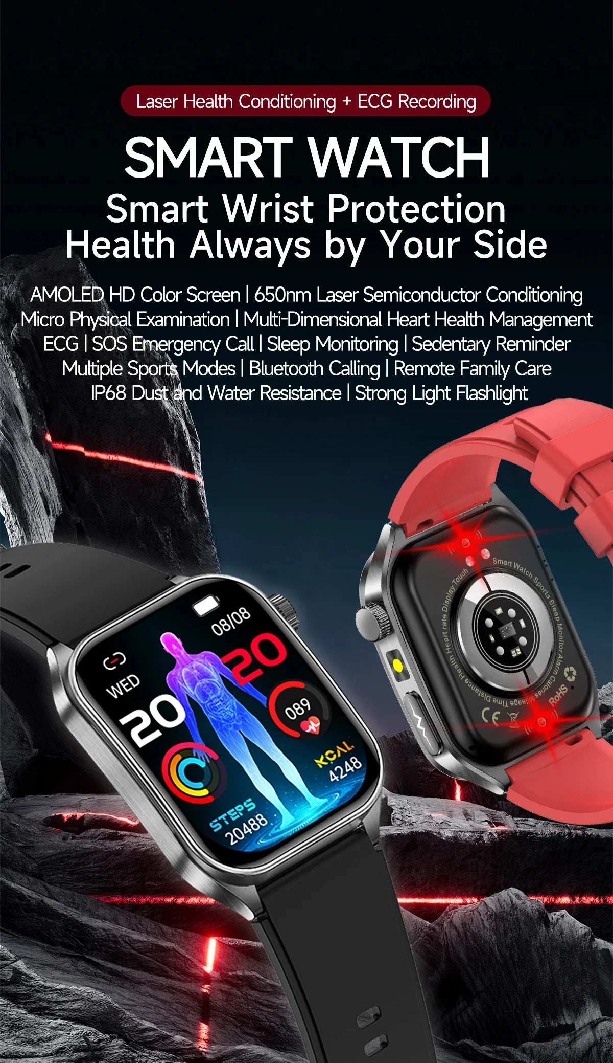 2026 Nuovo 650nm Terapia Laser Grassi nel sangue Acido urico Pressione sanguigna Smart Watch ECG + PPG Preciso Monitor di salute Smartwatch per gli uomini