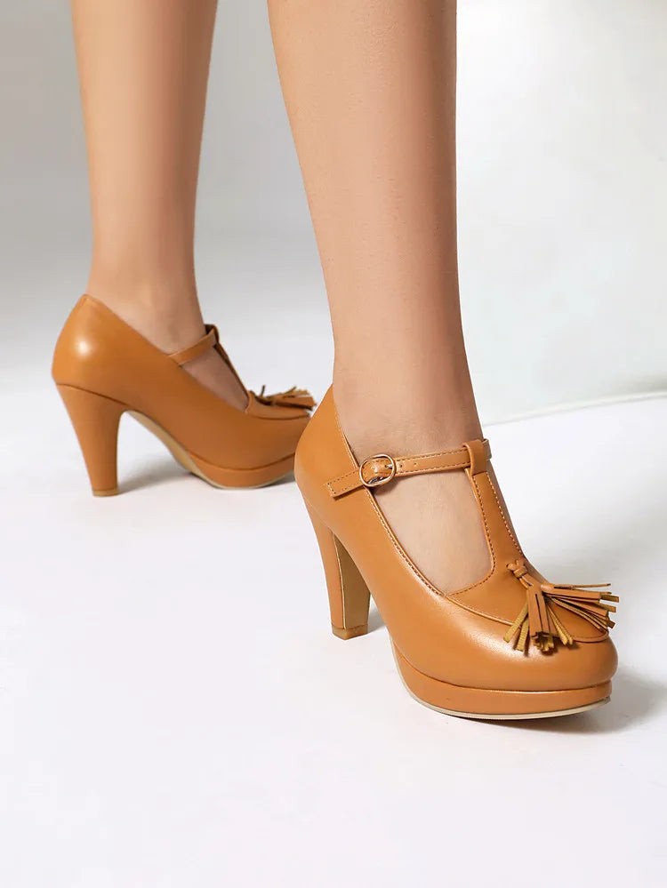 NASBAVI Fashion Female Pumps Round Toe Chunky Heels 9cm Platform 1.5cm Buckle T-Strap Tassels Plus Size 46 47 48 Sexy Shoes