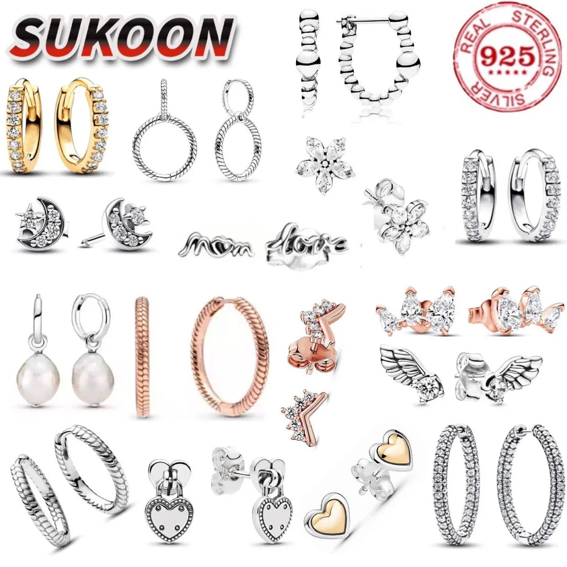 Orecchini in Argento Puro 925 con Zirconi a Forma di Cuore, Stella, Luna e Cerchio, Gioielli per Donne, Regalo per Compleanno, Festa della Mamma, Accessori
