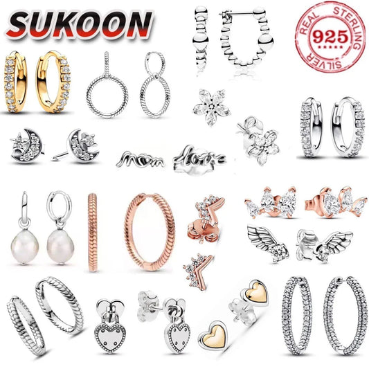 Orecchini in Argento Puro 925 con Zirconi a Forma di Cuore, Stella, Luna e Cerchio, Gioielli per Donne, Regalo per Compleanno, Festa della Mamma, Accessori