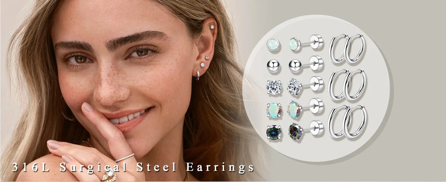 Set di 6 Paia di Orecchini per Piercing Multipli, Piccoli Orecchini a Cerchio, Orecchini a Perno con Zirconi, Opale e Perla per Donne