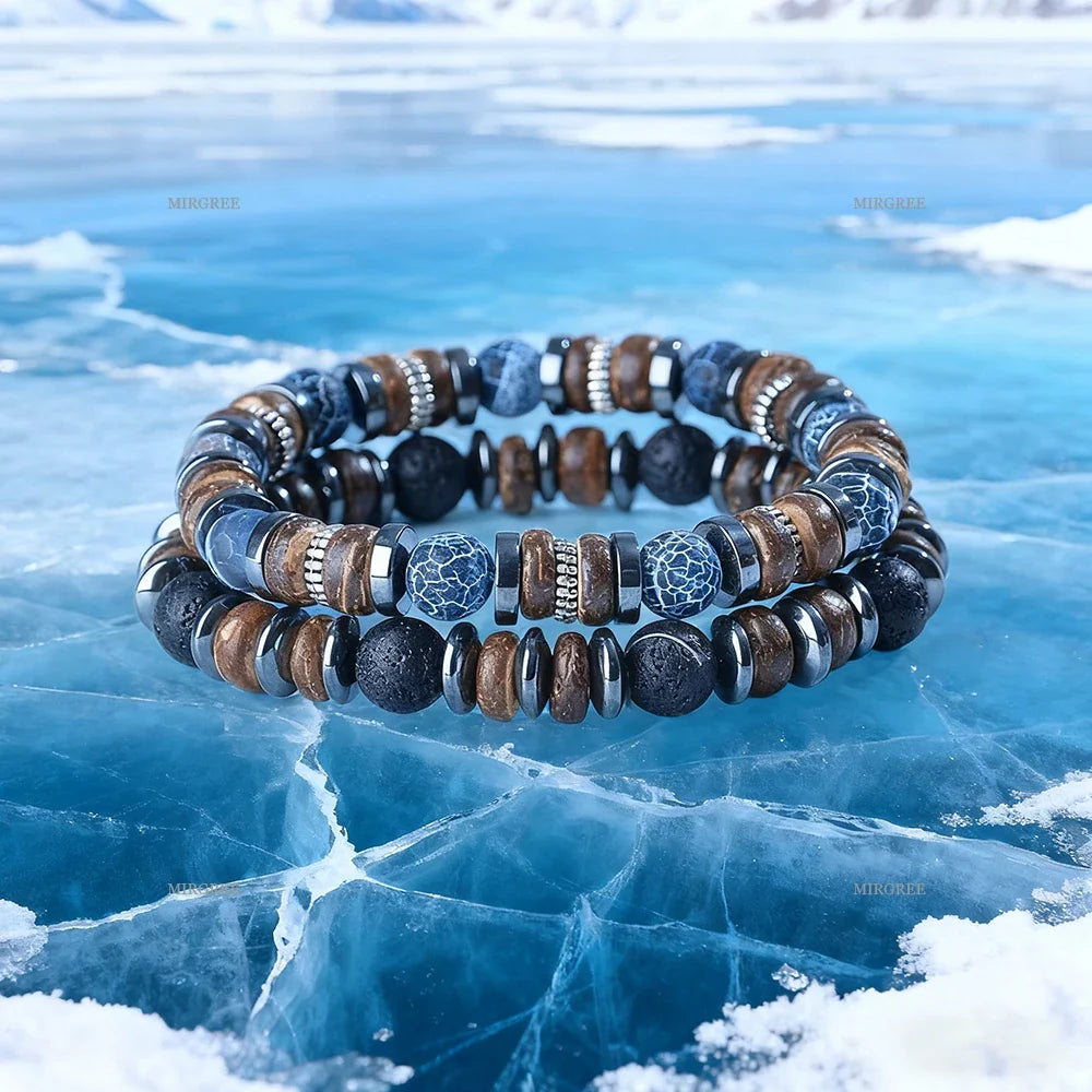 Set di braccialetti con perline in pietra naturale da uomo da 2 pezzi, gioielli da uomo in stile retrò fatto a mano all'aperto, regalo da uomo