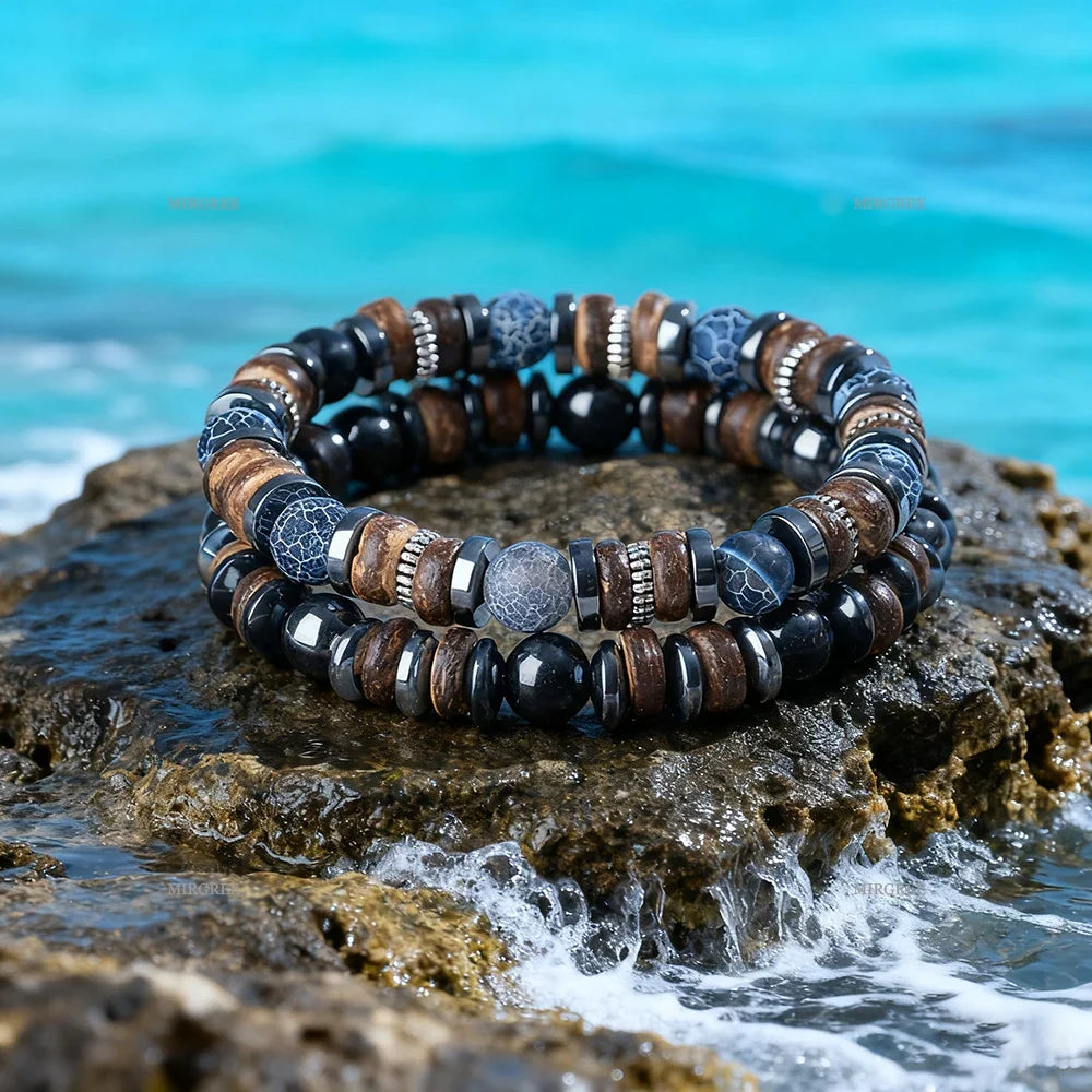 Set di braccialetti con perline in pietra naturale da uomo da 2 pezzi, gioielli da uomo in stile retrò fatto a mano all'aperto, regalo da uomo