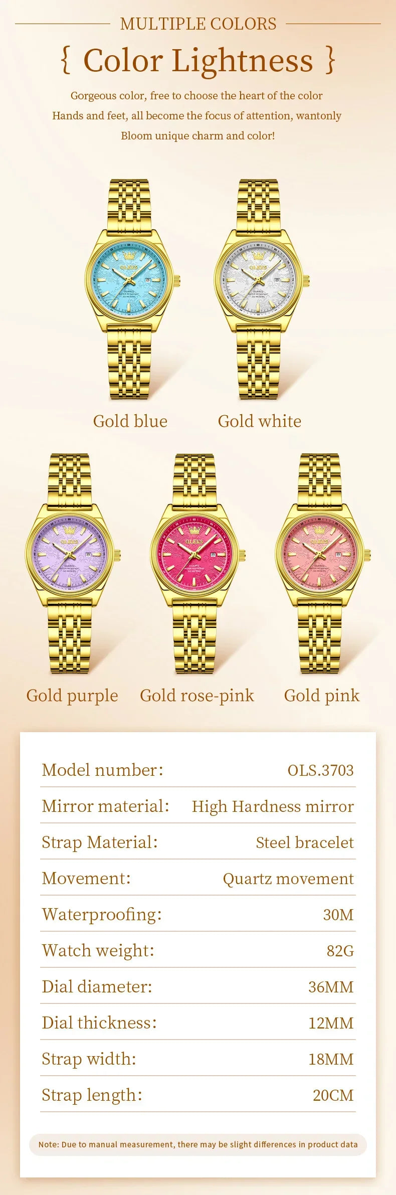 OLEVS 3703 Orologio da donna Orologio al quarzo con calendario di lusso Orologio da polso da donna impermeabile con specchio ad alta durezza 30M