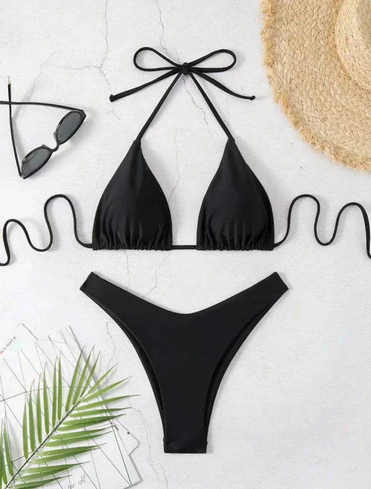 Costume da bagno bikini a perizoma da donna sexy, tinta unita bianco/nero/caffè, con laccetti, stile brasiliano, nuovo, in doppio tessuto, per la spiaggia