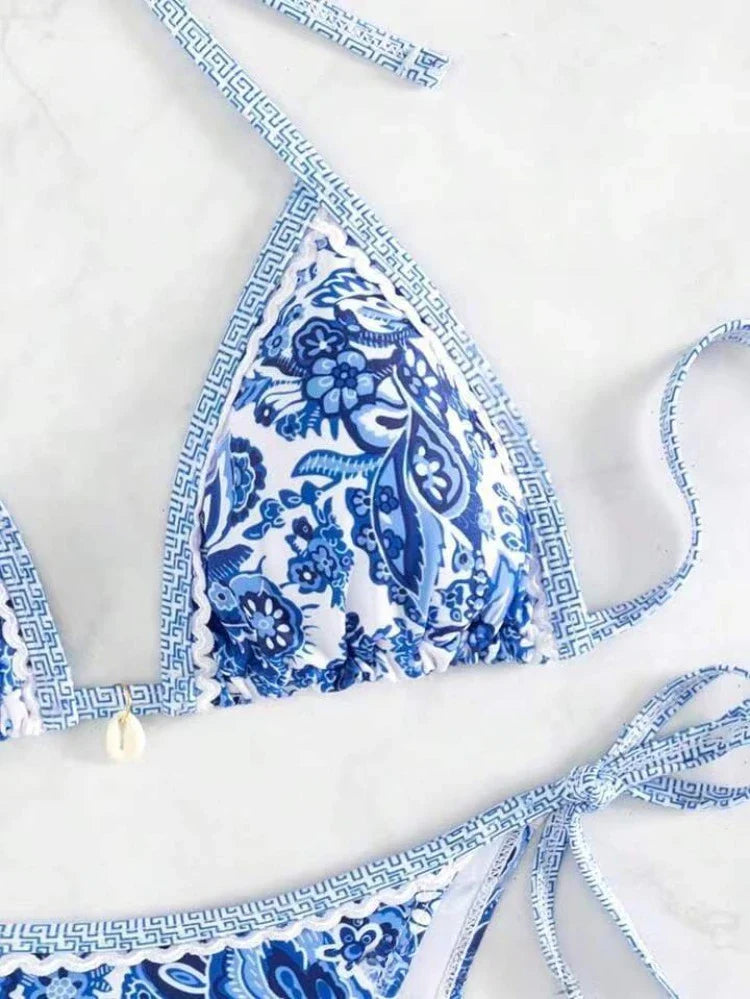 Bikini a triangolo con laccetti da donna, costume da bagno due pezzi, abbigliamento da spiaggia estivo