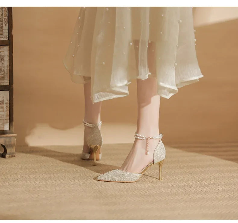 Size 31-43 Women High Heels Stiletto Heel Summer Lace Mesh Sweet Gold Silver Wedding Shoes