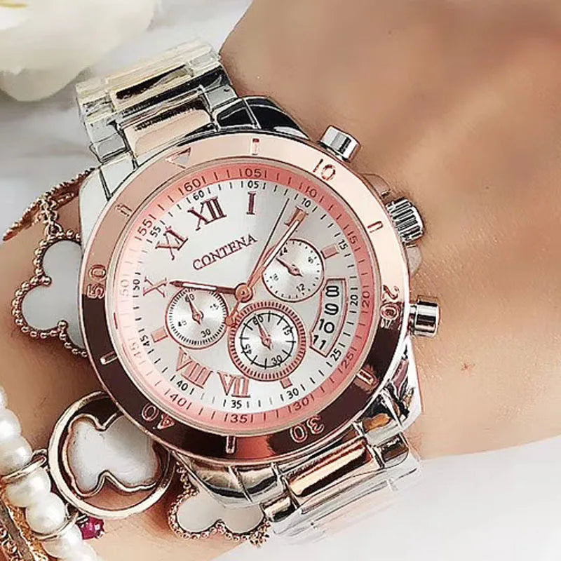 CONTENA Orologi eleganti di lusso per donna Orologio da donna in acciaio inossidabile Orologio da polso da donna alla moda Orologio al quarzo Reloj Mujer