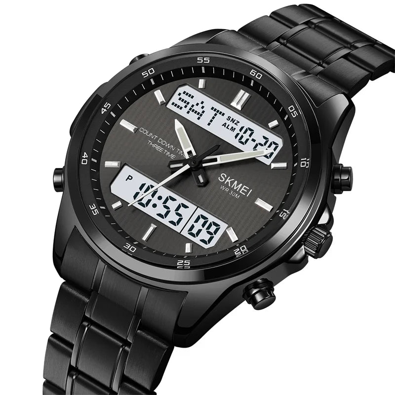 Skmei orologio da polso analogico al quarzo da uomo cinturino in acciaio inossidabile di lusso Led impermeabile digitale sportivo sveglia a tre fusi orari