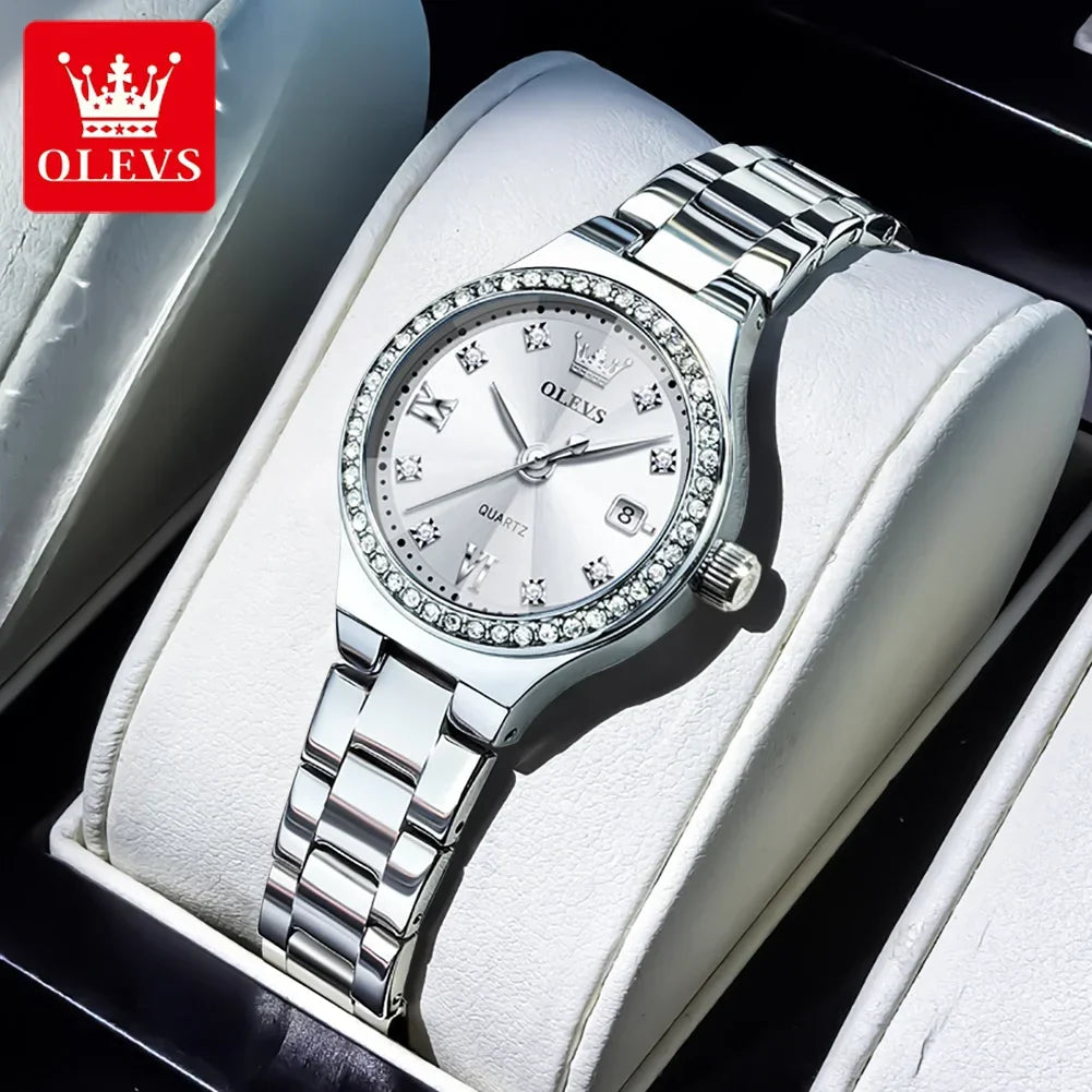 OLEVS 5628 Orologio al quarzo da donna Orologio da polso impermeabile luminoso in acciaio inossidabile con scala di diamanti e funzione data