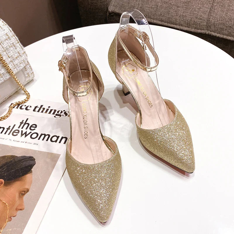Bling Gold Silver Women Pumps 2023 Sexy Point Toe Thin Heel Party Wedding Shoes Womens Summer Ankle Strap 8cm High Heels Shoes