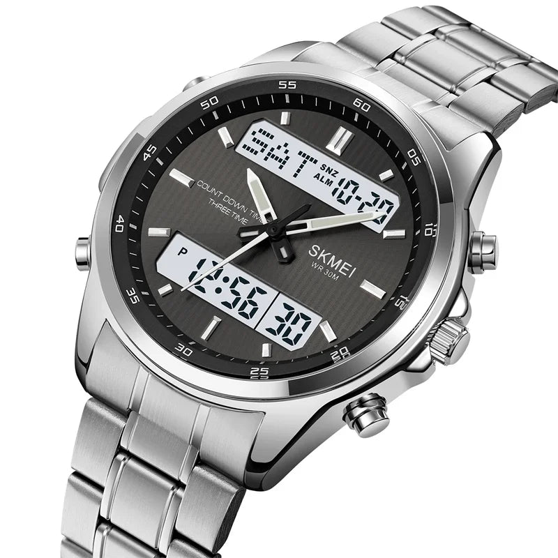 Skmei orologio da polso analogico al quarzo da uomo cinturino in acciaio inossidabile di lusso Led impermeabile digitale sportivo sveglia a tre fusi orari