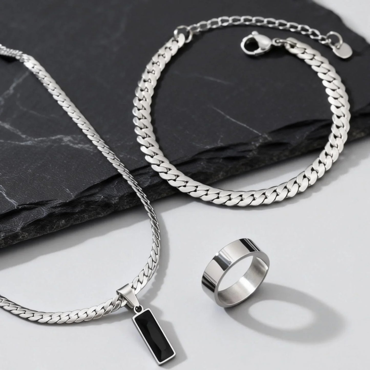 Elegante Set di Gioielli da Uomo con 3 Pezzi, Catena Cubana Piatta, Ciondolo Geometrico in Acciaio Inox con Pietra, Gioielli Hip Hop, Regalo per Lui