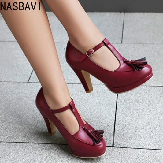 NASBAVI Fashion Female Pumps Round Toe Chunky Heels 9cm Platform 1.5cm Buckle T-Strap Tassels Plus Size 46 47 48 Sexy Shoes
