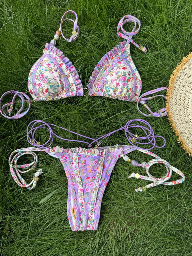 Set Bikini Triangolo Sexy Micro Thong, Costume da Bagno Donna, Biquini con Lacci, Abbigliamento da Spiaggia Stampato, Bikini Thong
