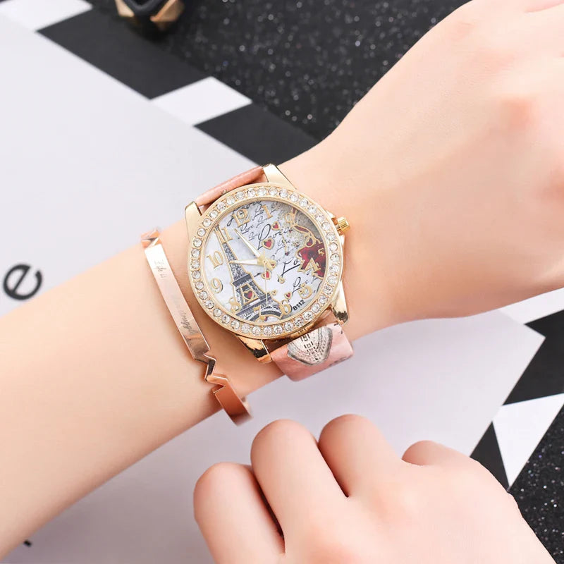 Orologio al quarzo in pelle PU da donna alla moda con strass Torre Eiffel