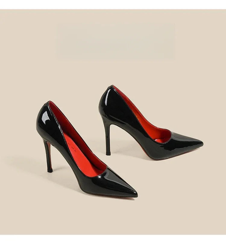 7cm Black Red Sole High Heels Spring Pointed Toe Stiletto Heel Sexy Shiny Single Shoes Fashion Patent Leather Women's Shoes