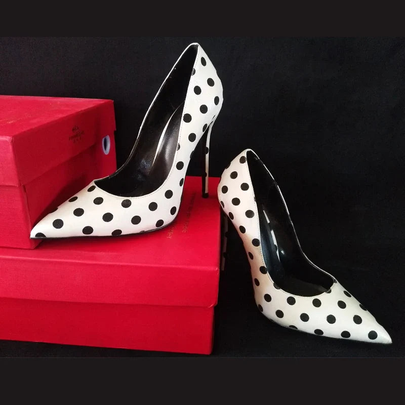 New round polka dot silk high heels with pointed toe, shallow mouth, thin heel 12cm Sexy French Girl Single Shoes