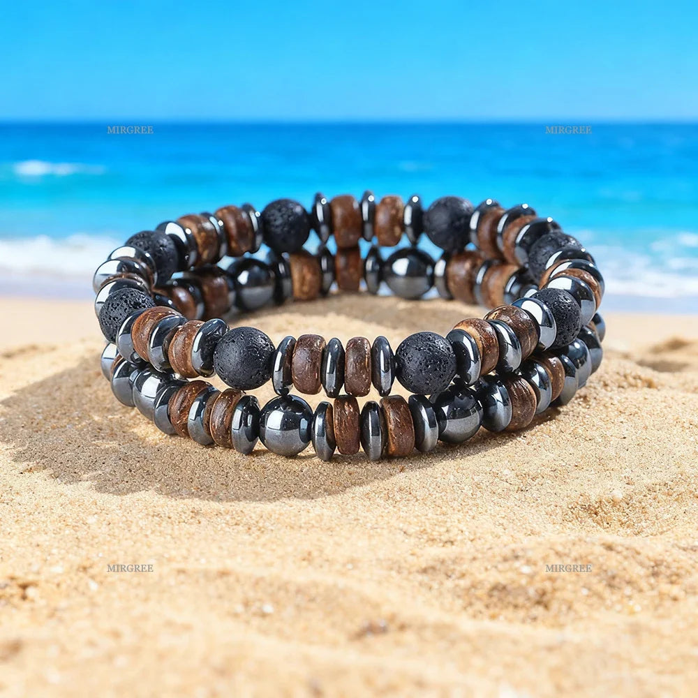 Set di braccialetti con perline in pietra naturale da uomo da 2 pezzi, gioielli da uomo in stile retrò fatto a mano all'aperto, regalo da uomo