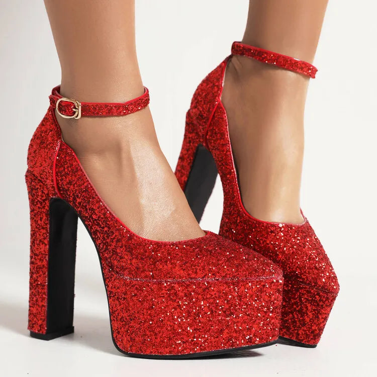 Ochanmeb Bling Bling Silver Gold Glitter Shoes Woman Ultra High Heels Platform Buckle Sequin Red Pumps Ladies Party Prom Wedding