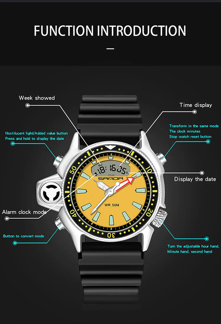 SANDA Sport orologio digitale al quarzo da uomo orologi subacquei creativi orologio da uomo con allarme impermeabile orologio con doppio Display Relogio Masculino