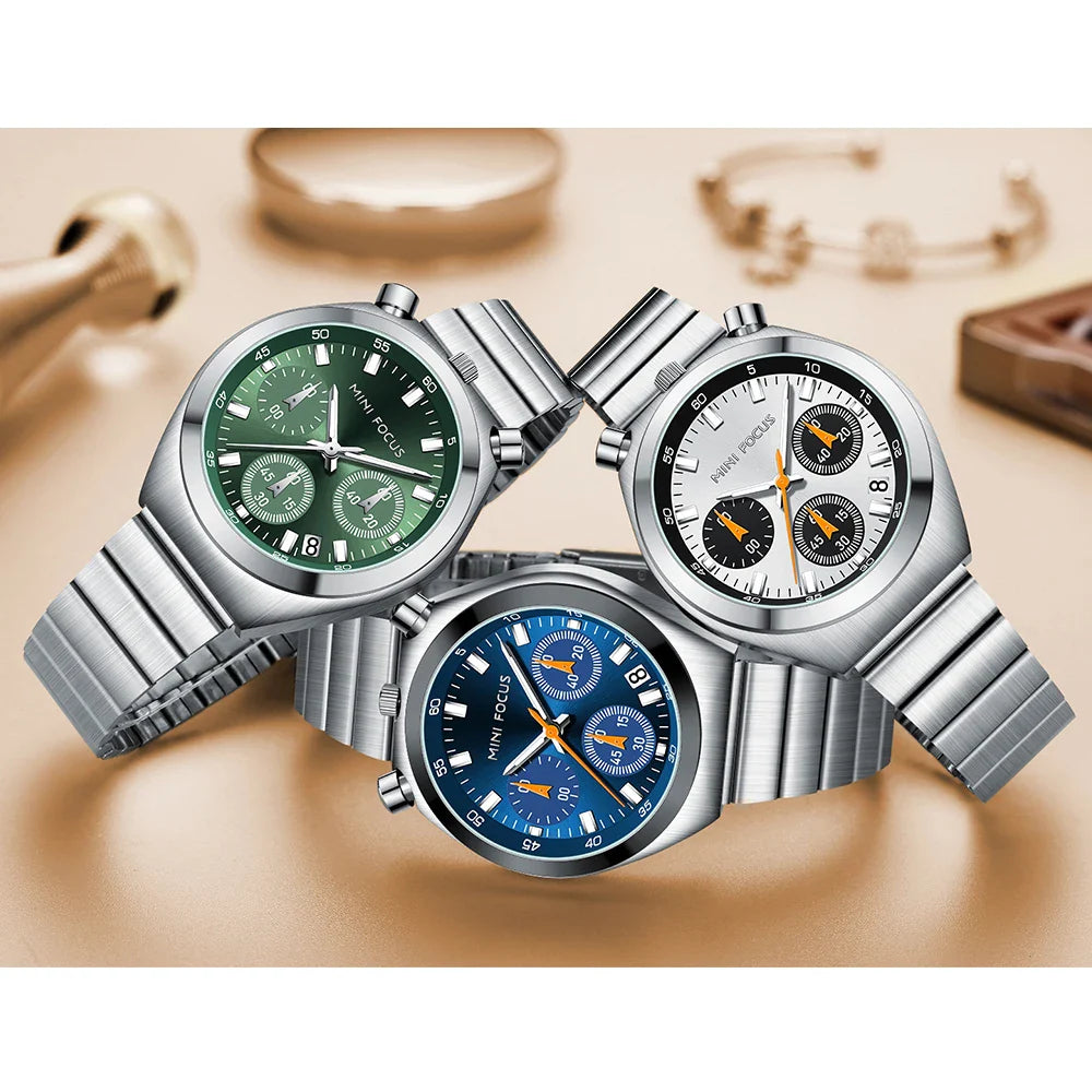 MINI FOCUS Orologio al quarzo verde argento per donna Orologio da polso cronografo con cinturino in acciaio inossidabile moda con lancette luminose Data 0491