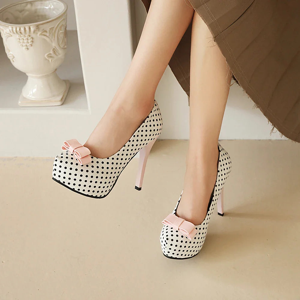 Sexy Super High Heels Women Platform Pumps Polka dot Bow Party Dress Shoes Woman Elegant Wedding Shoes Female 12cm Stilettos