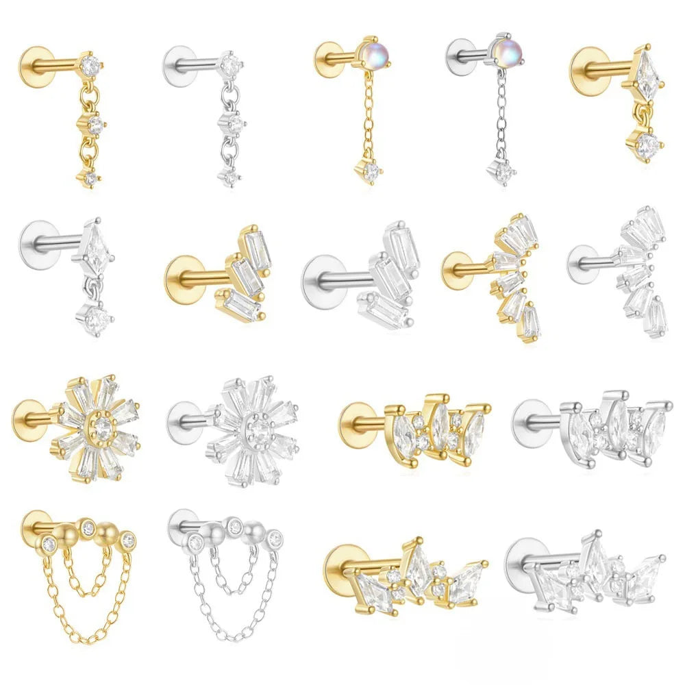 Orecchini con polsini piatti filettati con nappa tempestata di diamanti di nuovo stile, accessori per orecchie in stile europeo e americano.