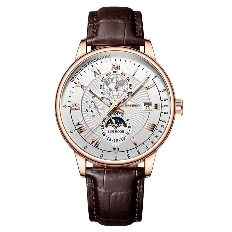 Orologio da uomo di lusso cronografo impermeabile modello fasi lunari orologio da polso da uomo luminoso in pelle orologi al quarzo da uomo orologio Casual