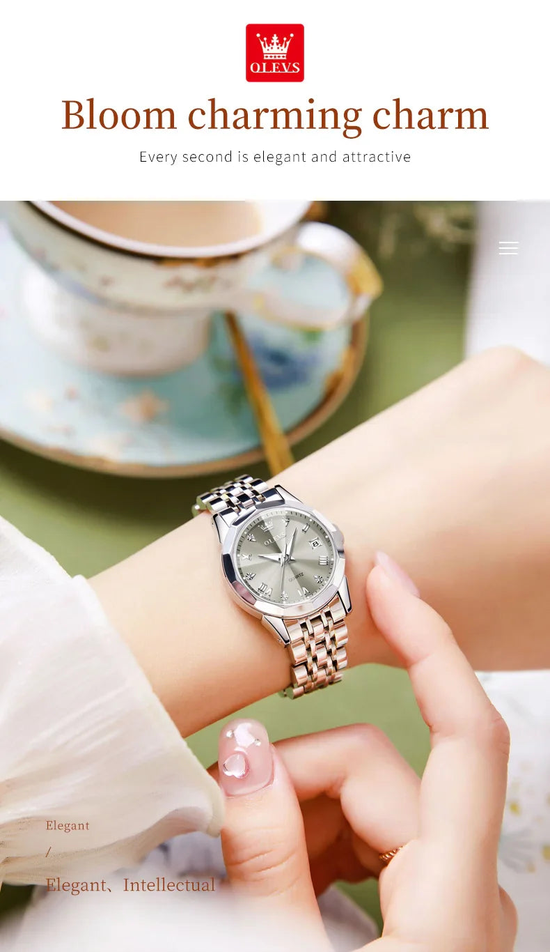OLEVS 9931 Elegante Orologio da Donna di Lusso, Marca Originale, Movimento al Quarzo, Impermeabile, in Acciaio Inossidabile, Luminoso con Data