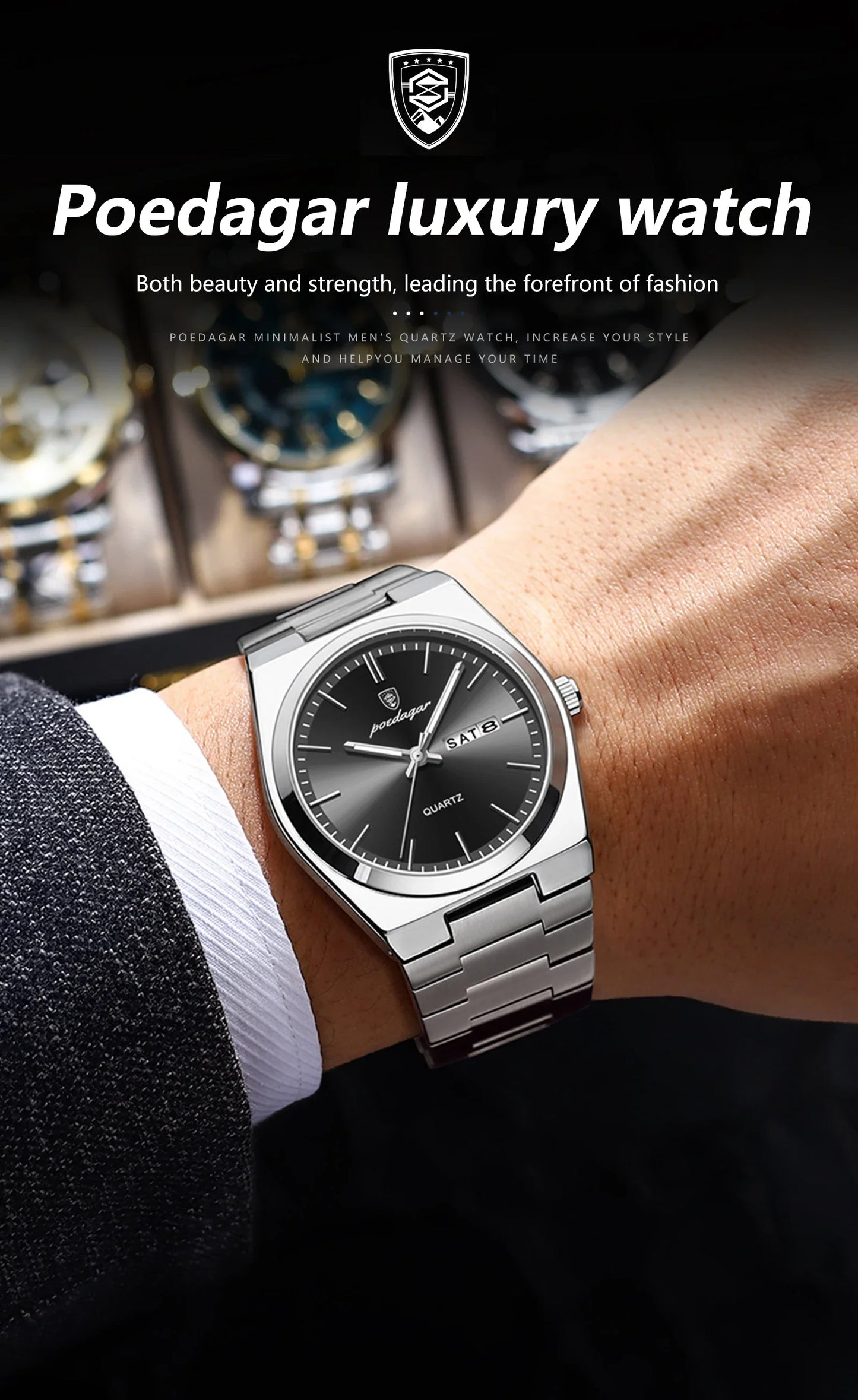 POEDAGAR Orologio da polso al quarzo da uomo di lusso Impermeabile luminoso Data Settimana Orologio da uomo Orologi da uomo d'affari in acciaio inossidabile