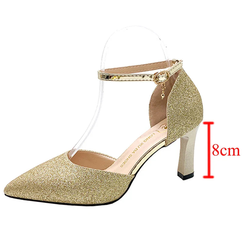Bling Gold Silver Women Pumps 2023 Sexy Point Toe Thin Heel Party Wedding Shoes Womens Summer Ankle Strap 8cm High Heels Shoes