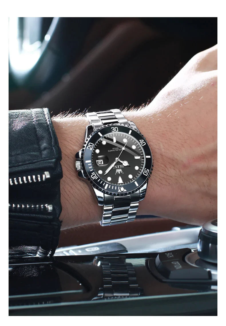 OLEVS Orologi da uomo Trend Luxury Cinturino in acciaio pregiato Grande data Orologio da polso al quarzo di marca originale per uomo Impermeabile luminoso 5885 Nuovo