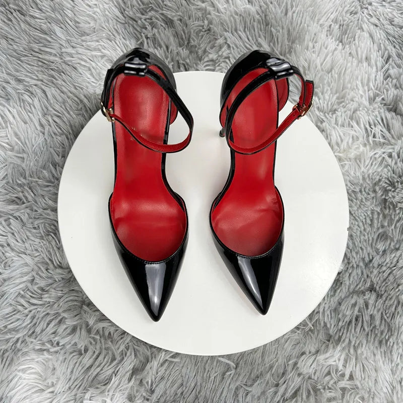 Black Patent Leather Women Ankle Strap Stiletto Pumps Pointed Toe Sexy High Heel Shoes 8cm 10cm 12cm Customize 33-46