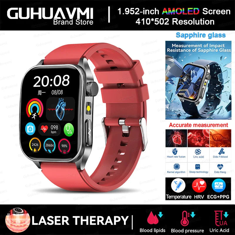 2025 Trattamento laser Tre Smartwatch alti 1.95 "Schermo curvo in zaffiro ECG + PPG Grasso nel sangue Acido urico Diagnosi salute Smartwatch