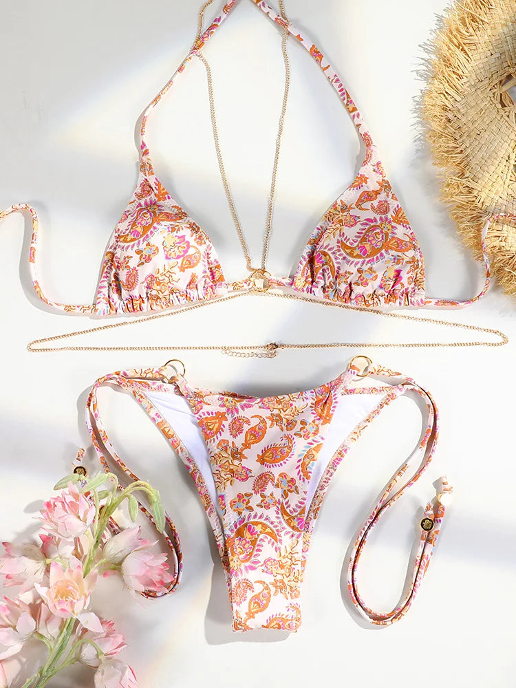 Catene a triangolo sexy Set bikini Micro perizoma Costume da bagno donna Costume da bagno Biquini Fasciatura Costumi da bagno Stampa Costumi da bagno Perizoma Bikini