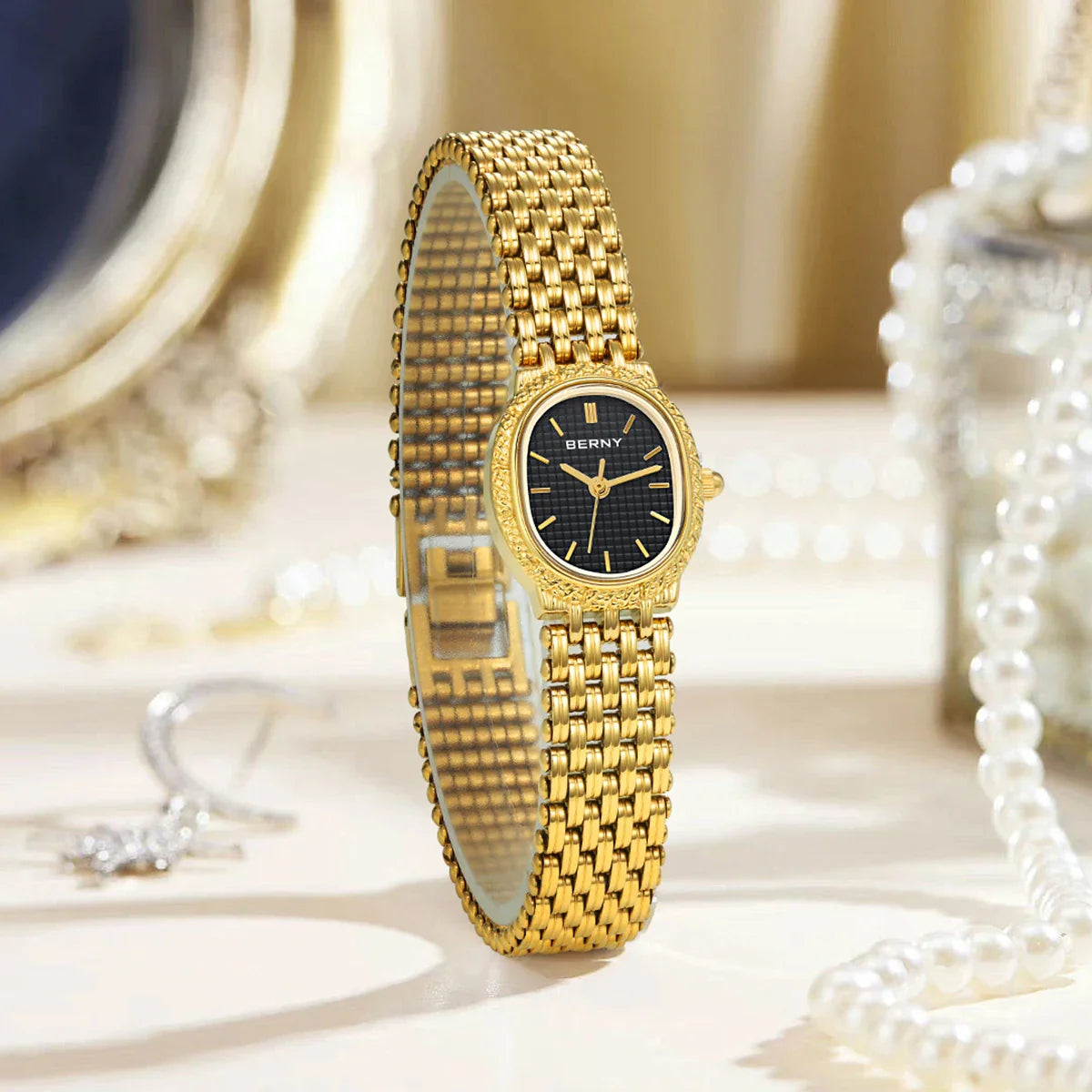 BERNY Orologio al quarzo da donna Cinturino in acciaio inossidabile dorato Orologio da polso ellittico di lusso Orologio da donna semplice retrò impermeabile