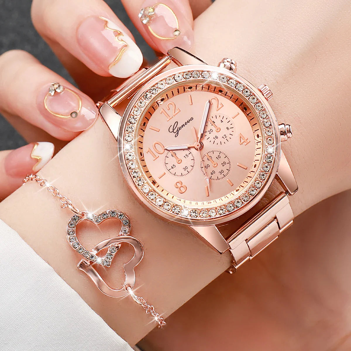 6 pezzi/set orologio da donna moda strass cinturino in acciaio inossidabile orologio al quarzo doppio cuore set di gioielli (senza scatola)