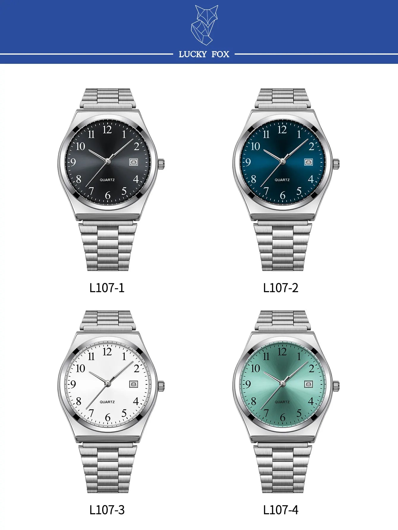 LUCKY FOX - Orologio da polso elegante e minimalista in acciaio inossidabile con quadrante nero - Cronometraggio preciso per tutti i giorni