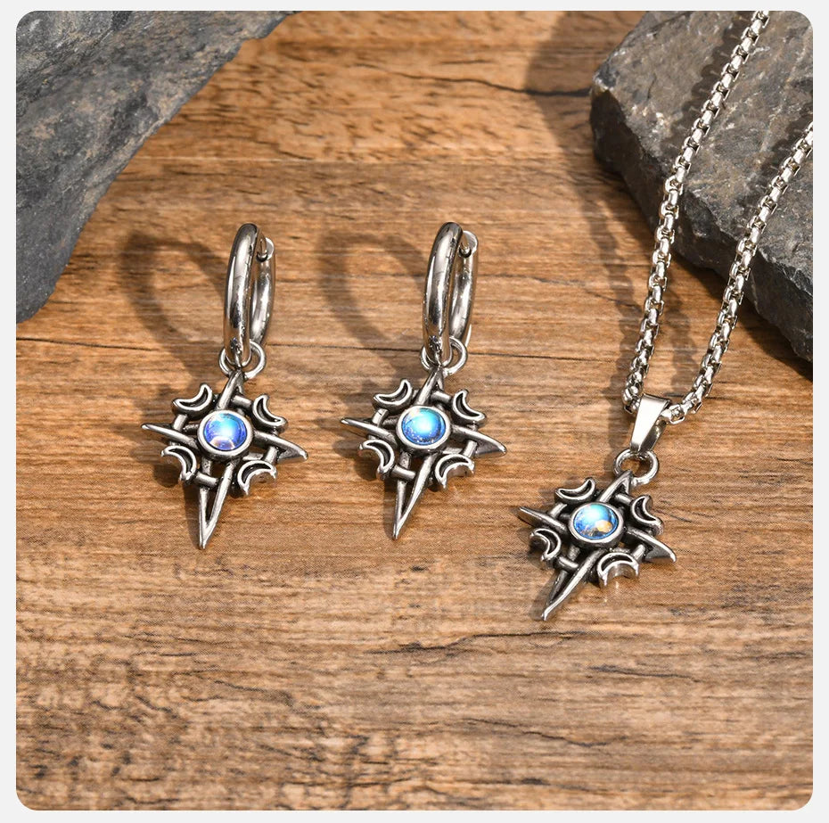 Vnox Witches Knot Moon Star Collane con ciondolo Orecchini per uomo Donna, set di gioielli con collare in pietra di luna con nodo celtico in acciaio inossidabile