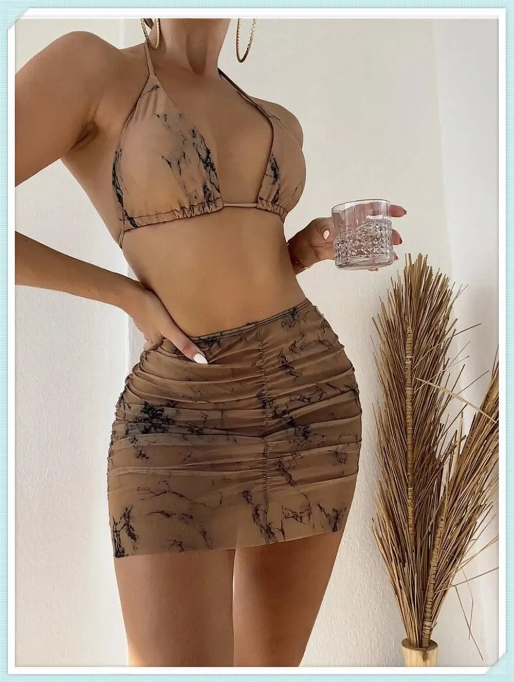3 pezzi perizoma Bikini con gonna marmo texture costume da bagno donna costume da bagno Set costumi da bagno femminili abbigliamento da spiaggia nuoto estate