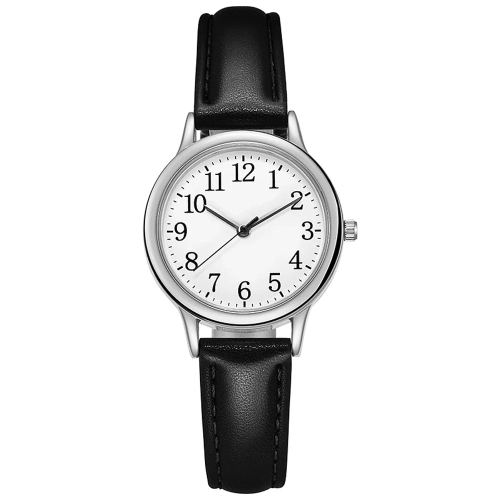 Orologio al quarzo da donna alla moda per il tempo libero, numeri arabi facili da leggere, quadrante semplice, cinturino in pelle PU, colore caramella